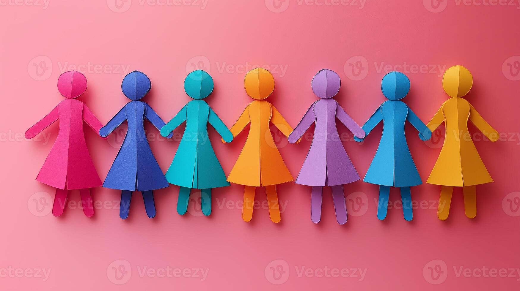A vibrant arrangement of colorful paper cutout figures holding hands, symbolizing unity, diversity, and community. photo