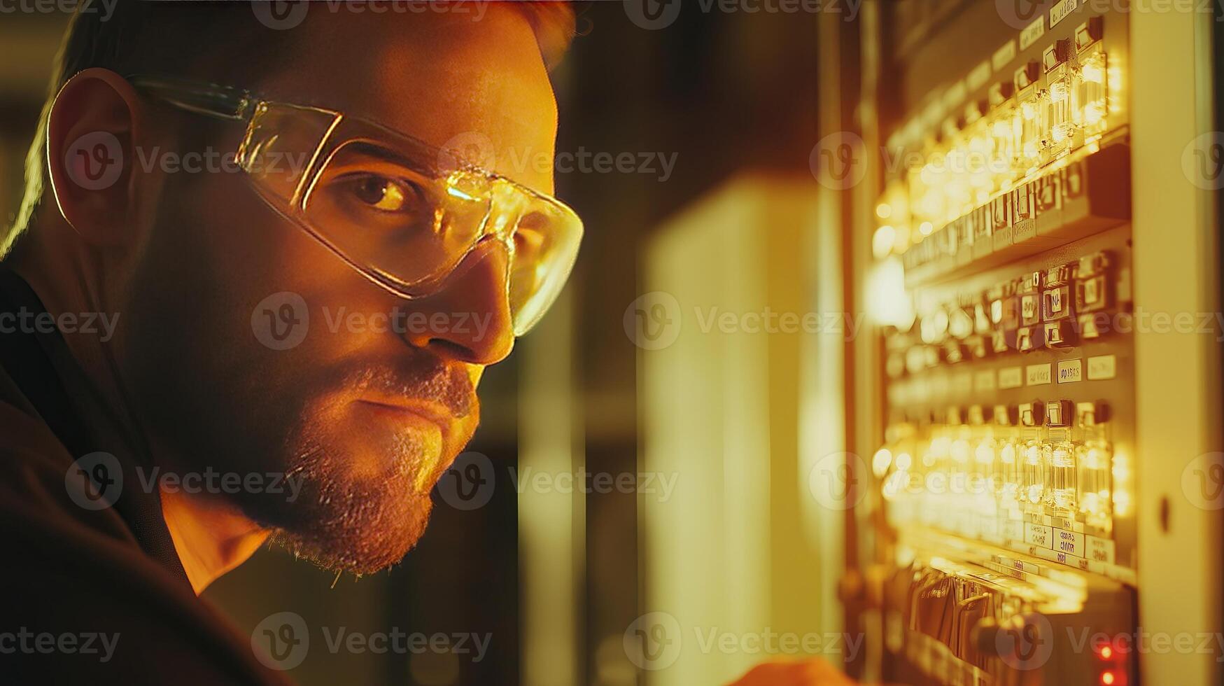 Focused electrician wearing protective glasses working on a high-tech circuit panel. Concept of precision and technical expertise. High quality illustration photo