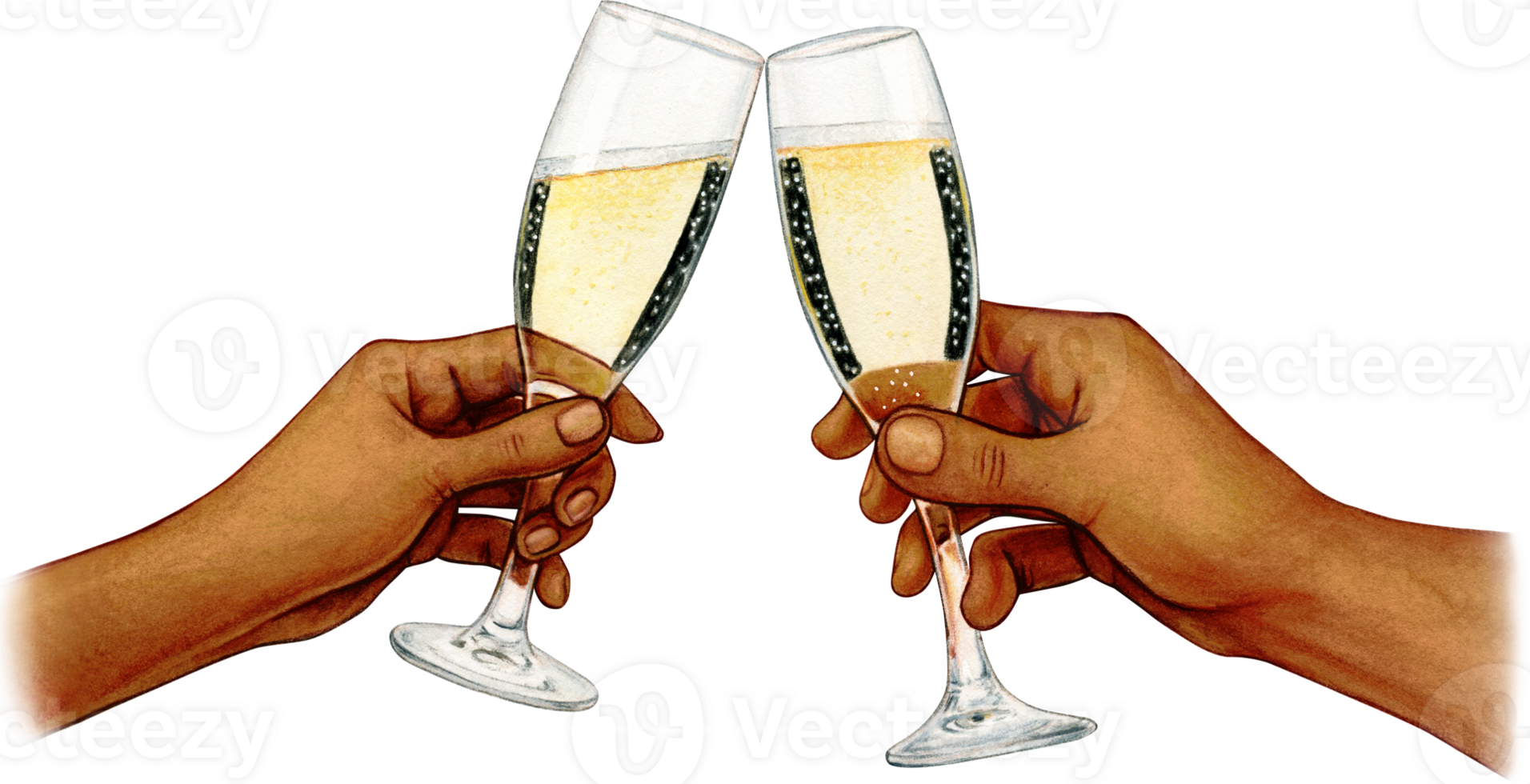 Watercolor hand drawn hands toasting sparkling wine dark skin png