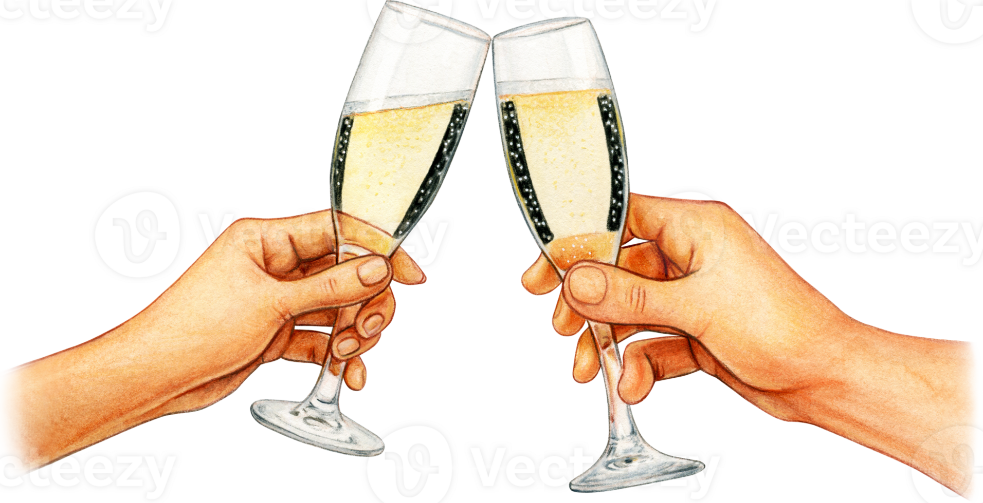 Watercolor hand drawn hands toasting sparkling wine png