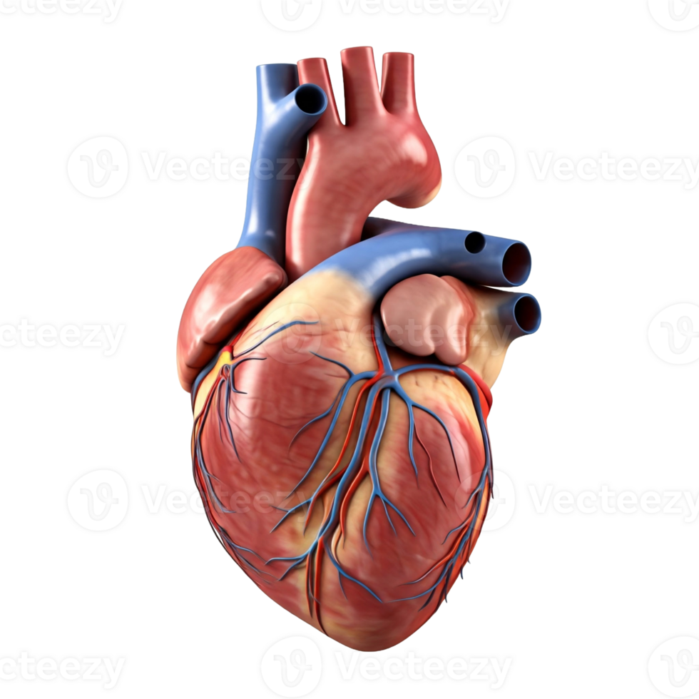 Photorealistic 3D image of a human heart. Anterior view showing the main coronary arteries and veins. Accurate anatomical details, suitable for educational or medical purposes. png
