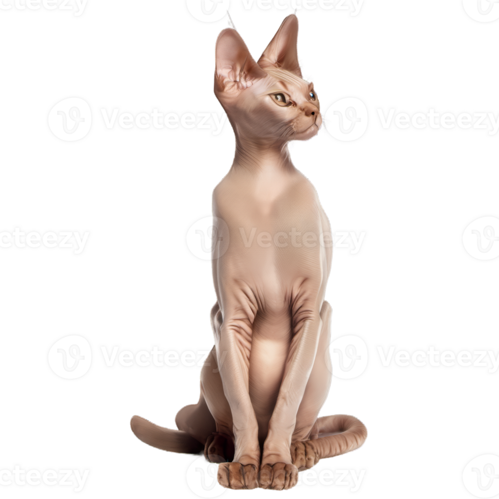A Sphynx cat with hairless skin and large ears sits gracefully on a transparent background. Its alert expression and unique appearance highlight its elegance in a minimalist setting. png