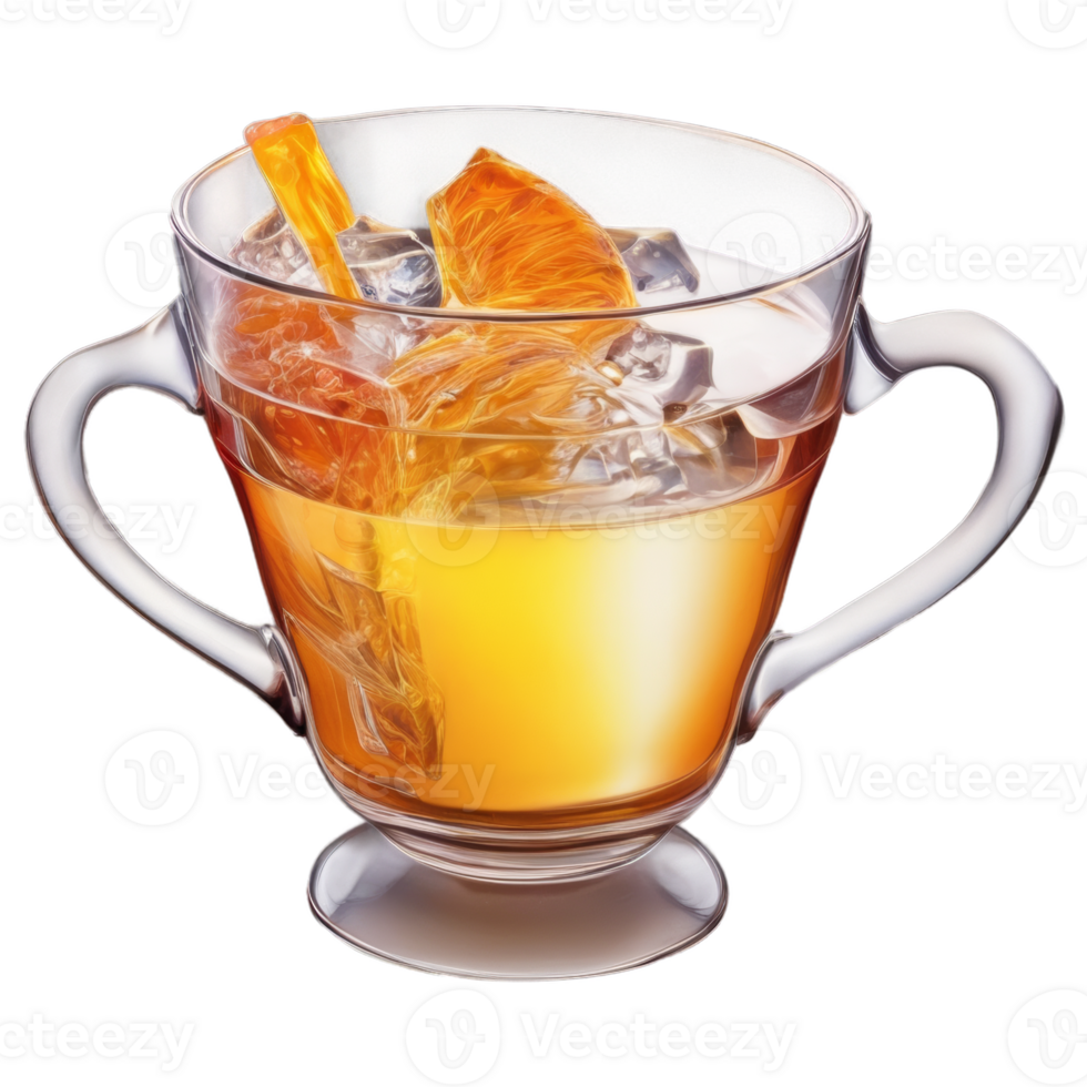 A refined glass with two handles contains a refreshing citrus drink. Orange slices and ice cubes enhance the visual appeal and suggest a cool, invigorating experience. png