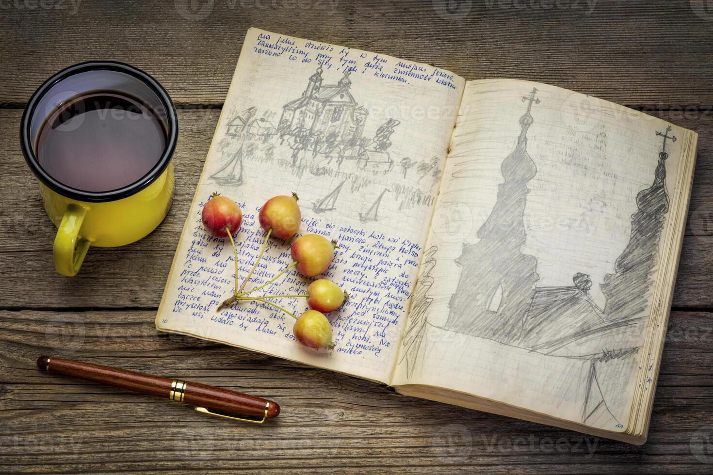 vintage travel journal on a rustic picnic table with tea photo