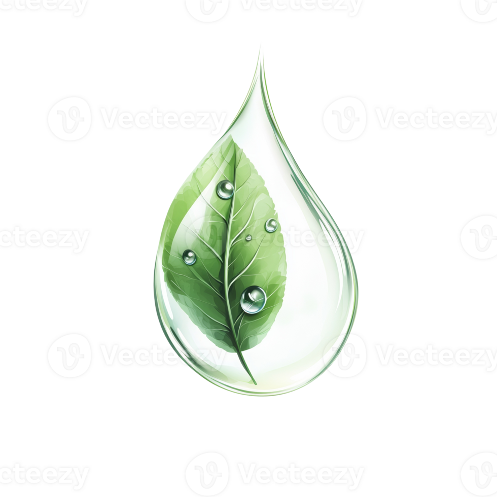 Green leaf inside a water drop illustration png