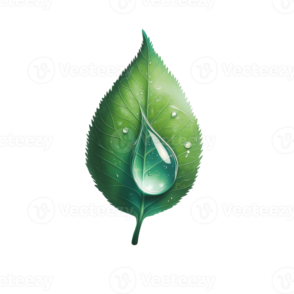 A single dewdrop rests on a green leaf png