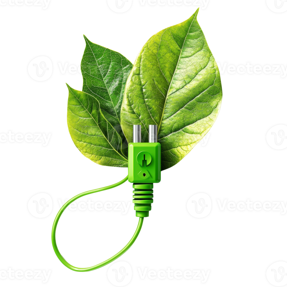 Green leaves and a green power plug symbolize eco friendly energy png