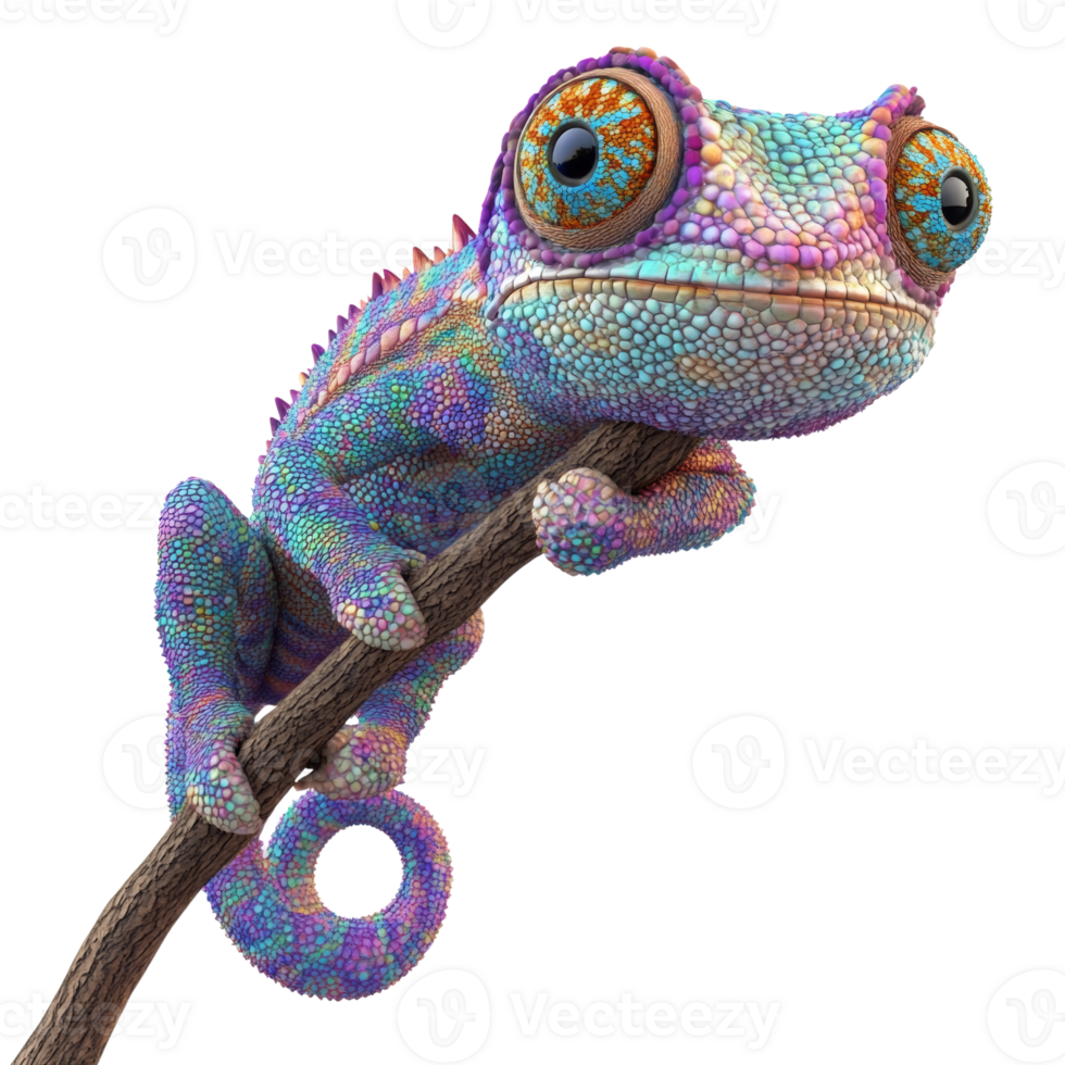 A vibrant colorful chameleon perched on a branch png