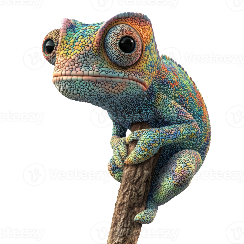 A colorful chameleon clings to a small branch png