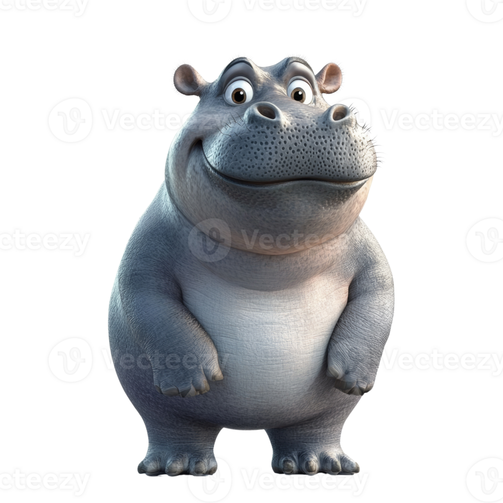 A cheerful cartoon hippopotamus stands against a white background png