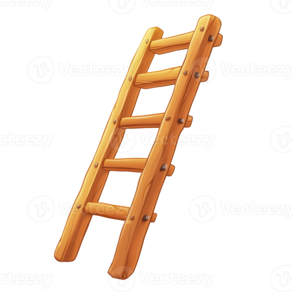 A rustic wooden ladder leans against a white background png