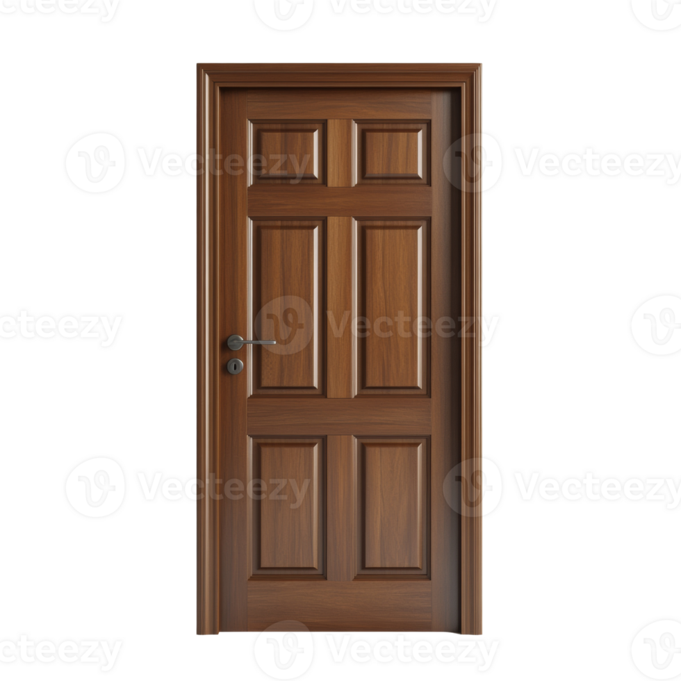 A classic six panel wooden door in a white wall png