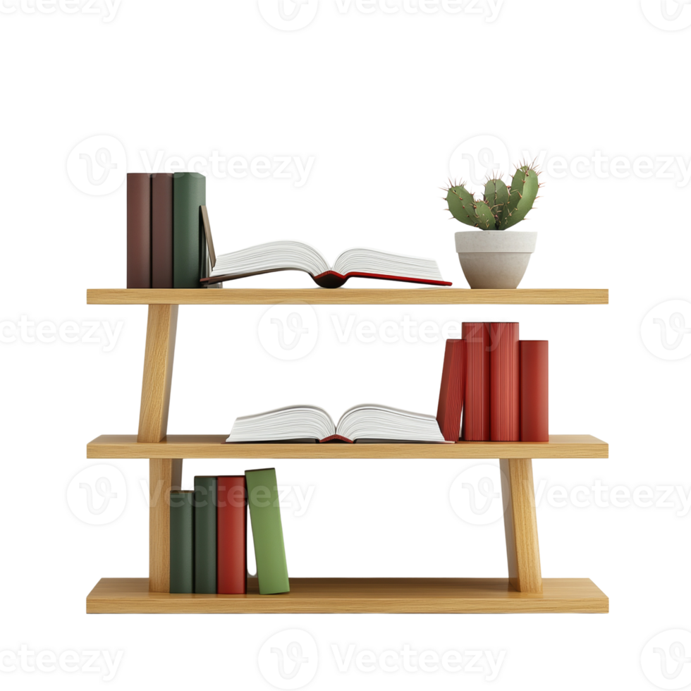 Wooden Bookshelf With Books And Cactus Decor png