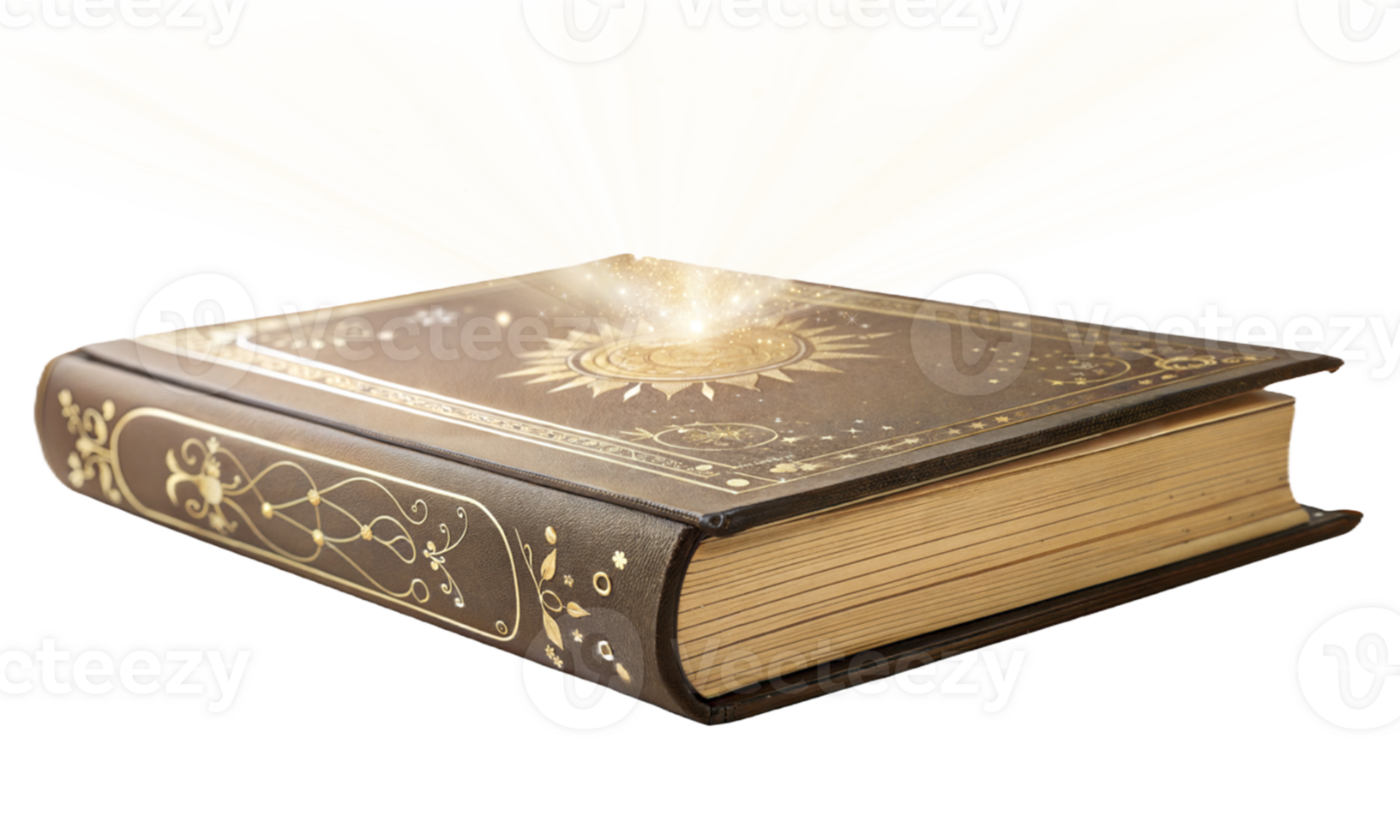 A beautifully designed book with a brown and gold sun motif cover png
