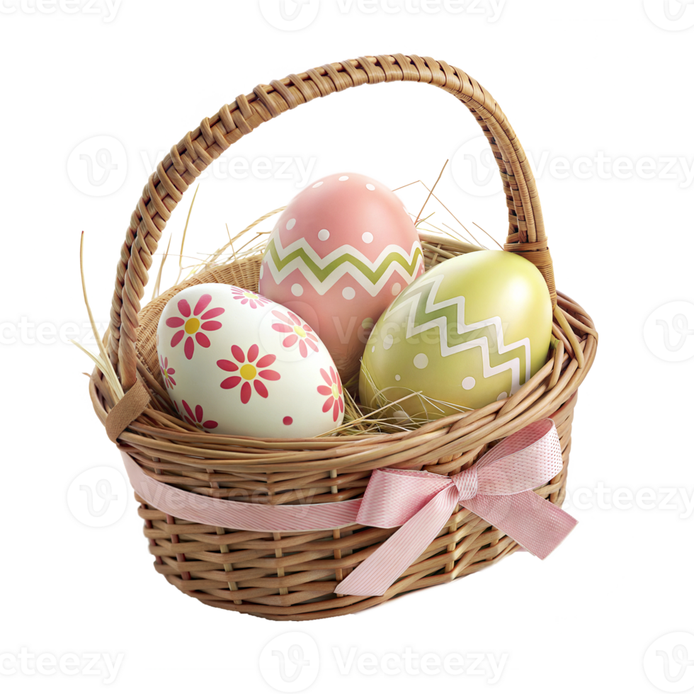 Three beautiful Easter eggs are in a basket with a pink bow png