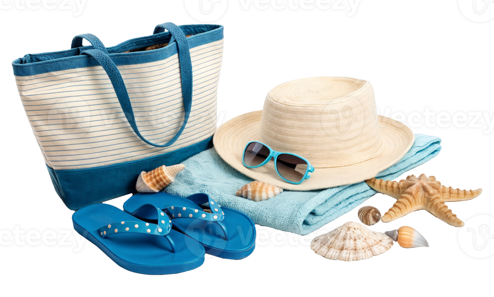 Beach bag, hat, sunglasses, flip flops, towel, and seashells png