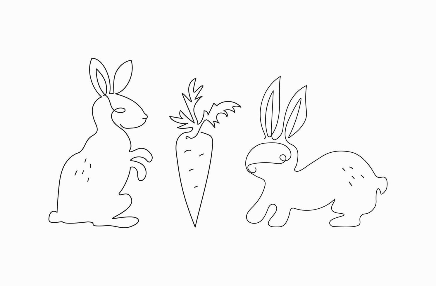 Continuous one line drawing easter bunny, rabbit, carrot. Animals, sketch. Cute silhouette of hare, simple style. Graphic print. Spring greeting card design. Set of linear icons. vector