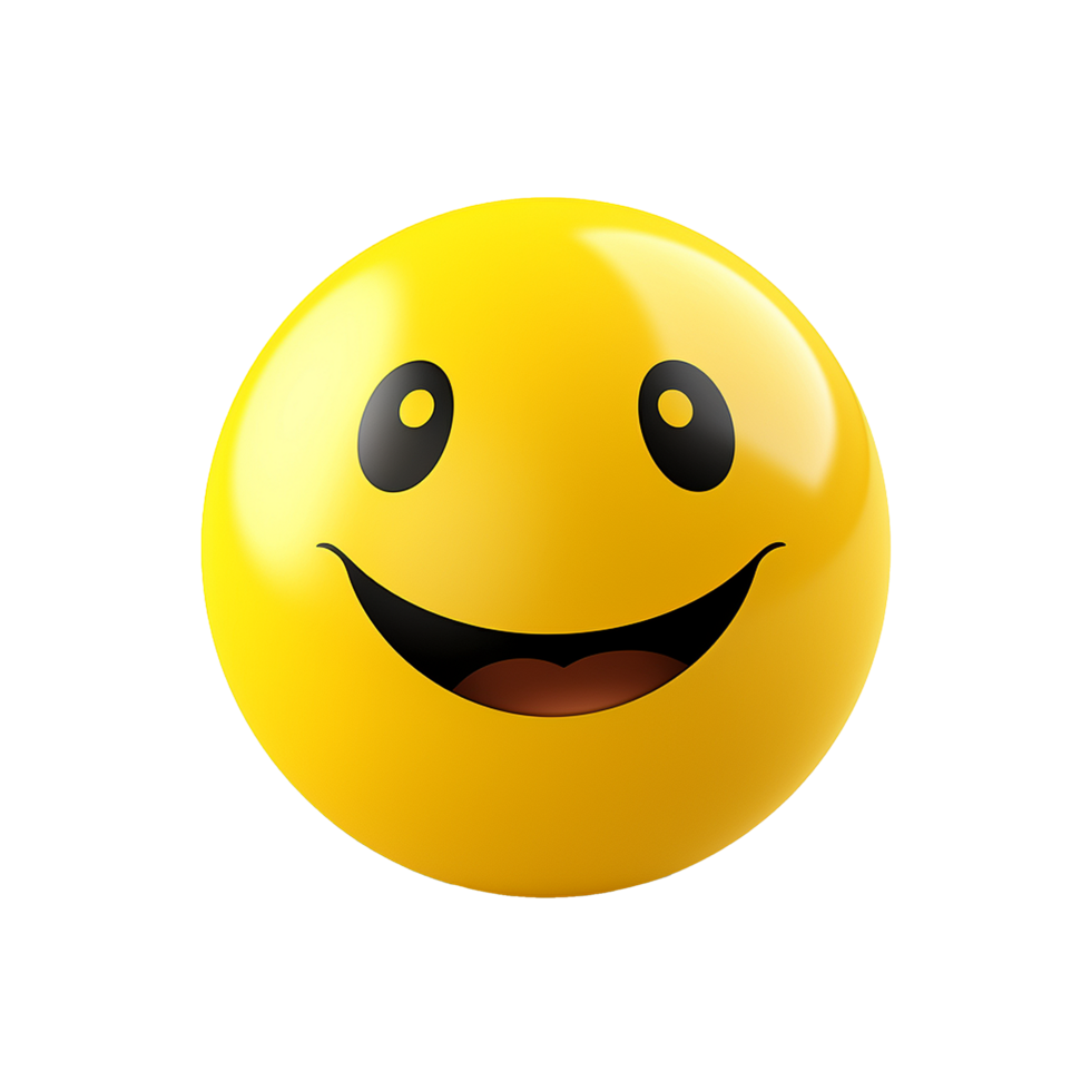 Happy yellow emoticon smiling broadly joyful expression digital art 3D render, png