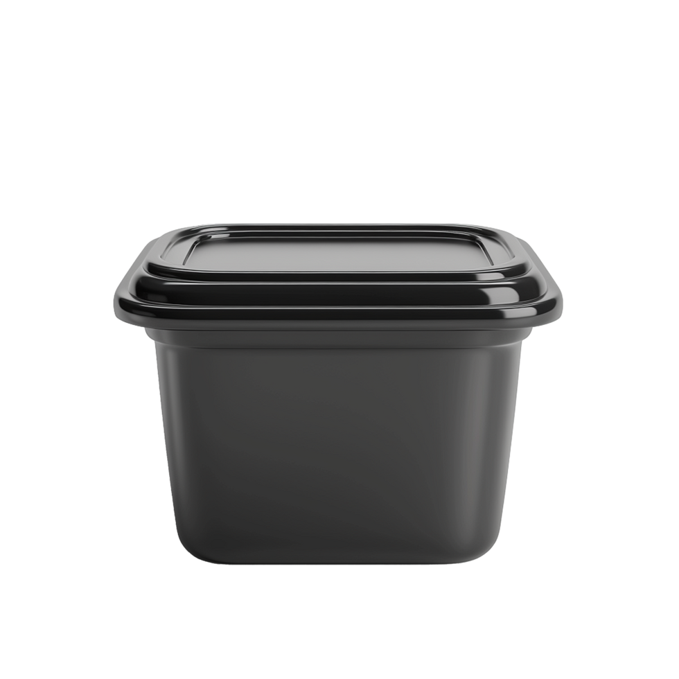 Black square food container with lid ready for packaging, png