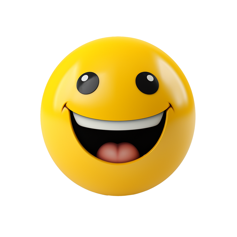 Happy yellow emoticon big smile joyful expression 3D render, png