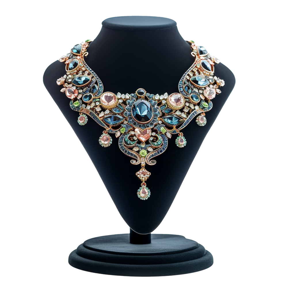 Ornate gemstone necklace displayed on a stand, png