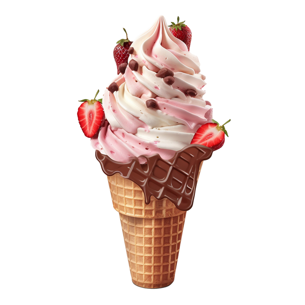 Delicious Strawberry Chocolate Ice Cream Cone Sweet Treat Summer Dessert, png