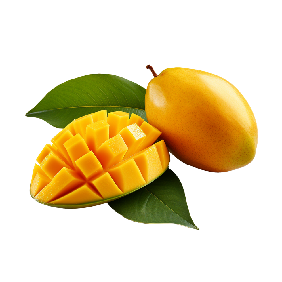 Ripe Mango Fruit Slices Green Leaves Tropical Delight, png