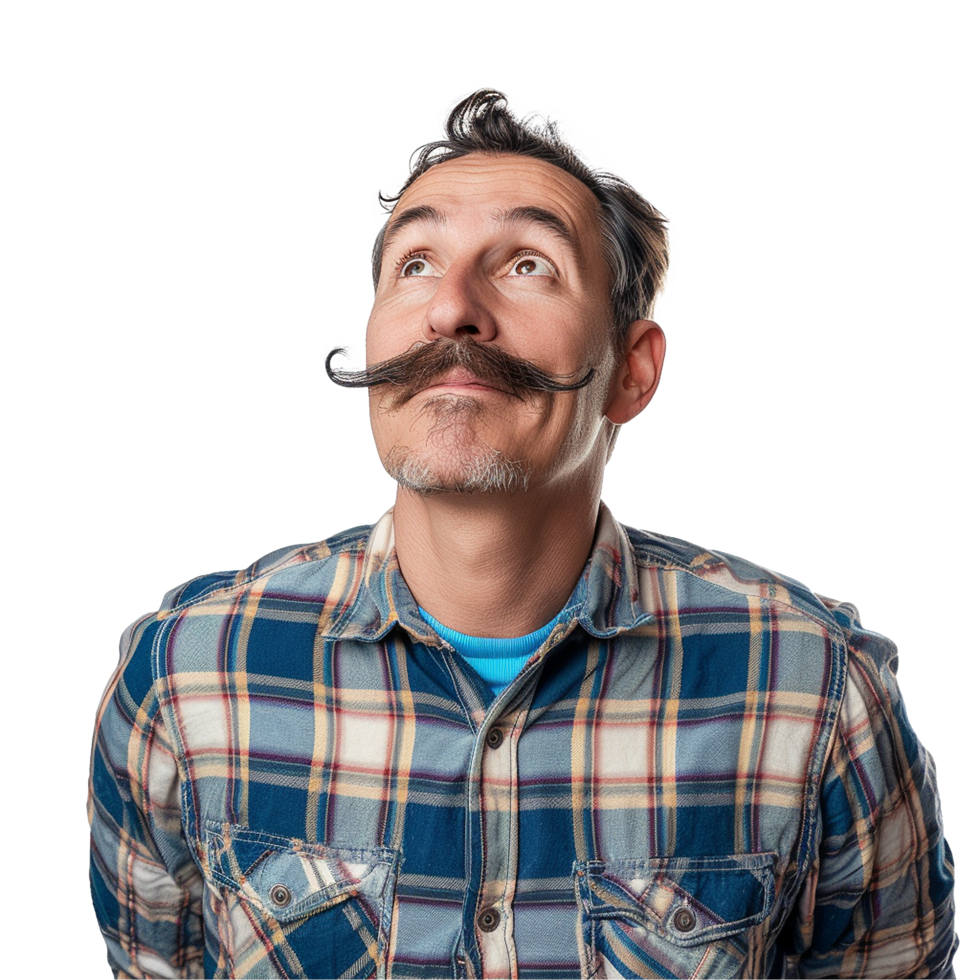 Man with impressive handlebar mustache looking up plaid shirt png