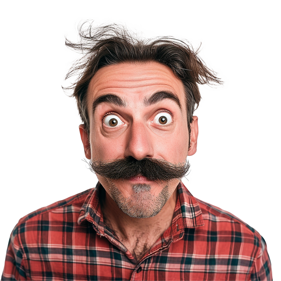 Surprised Man with Big Mustache in Plaid Shirt png