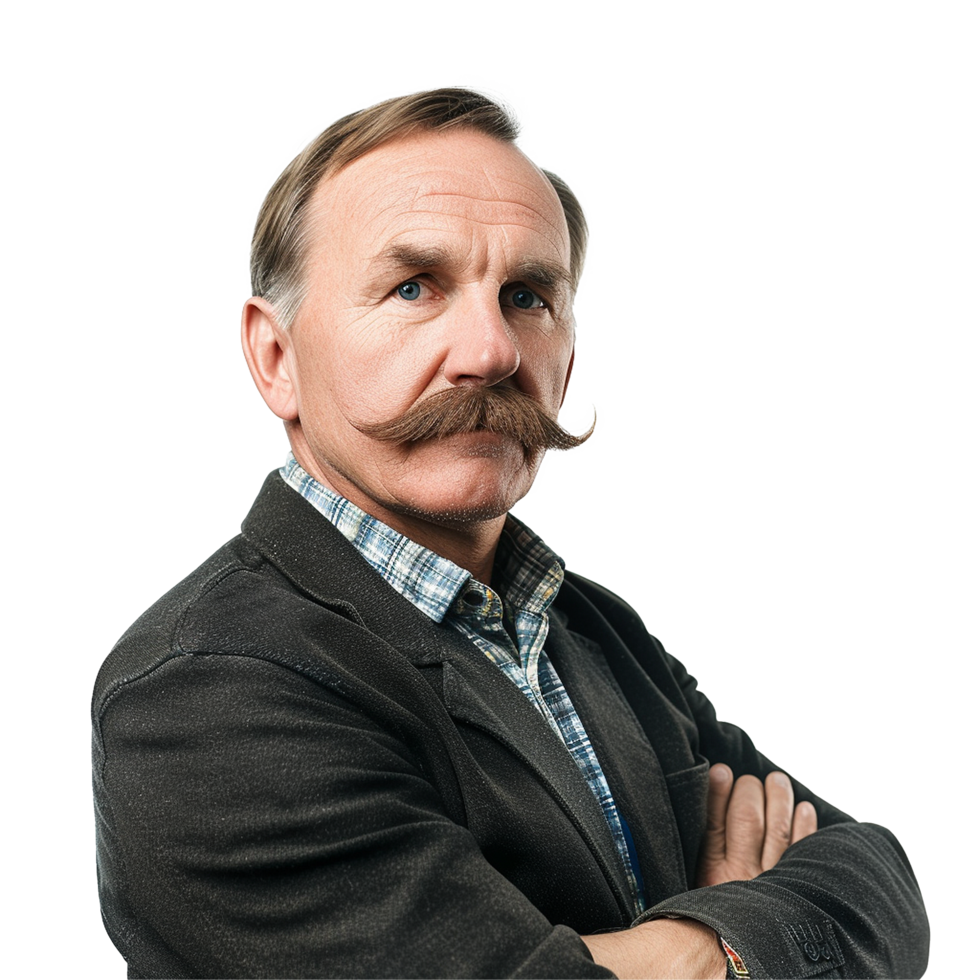 Mature man with handlebar mustache arms crossed portrait png