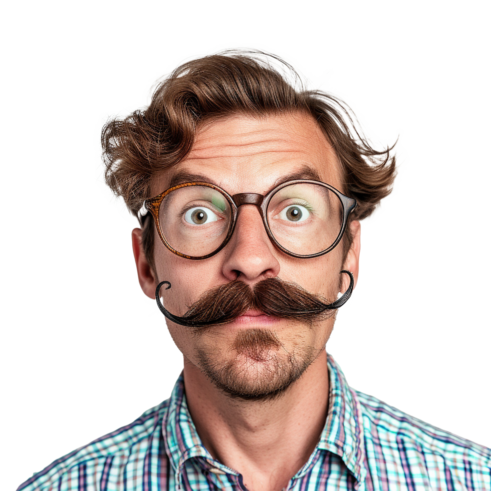 Surprised man with handlebar mustache and glasses, png