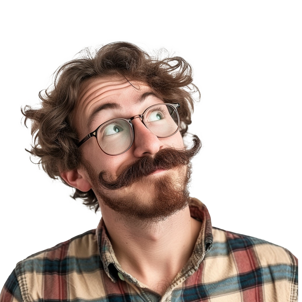 Hipster man with handlebar mustache looking up thoughtfully png