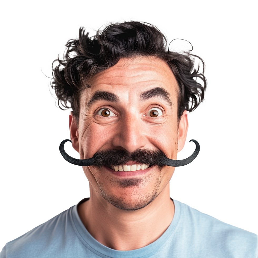 Happy man with curly hair and a big mustache smiling widely, png