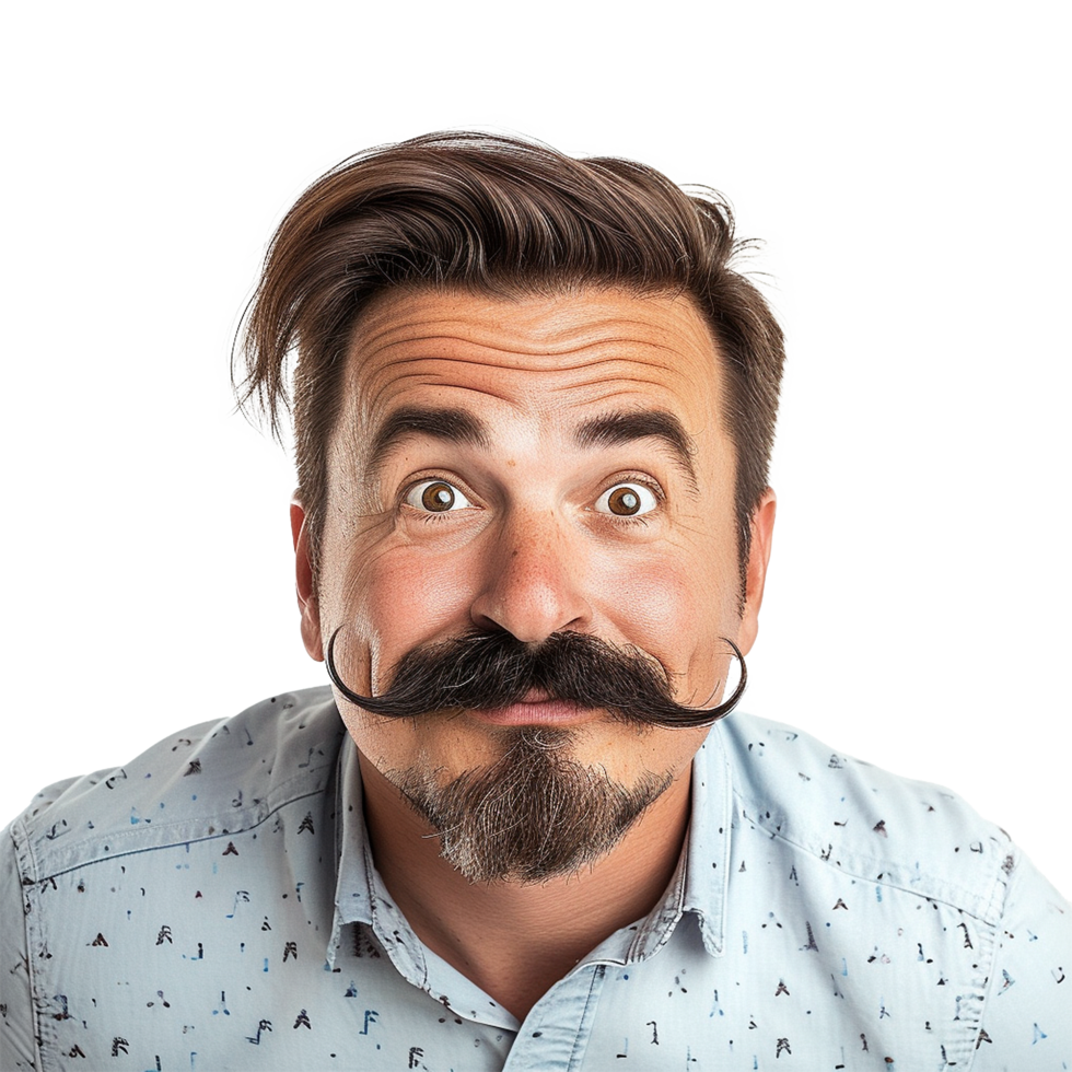 Man with Impressive Mustache Surprised Expression Light Blue Shirt png