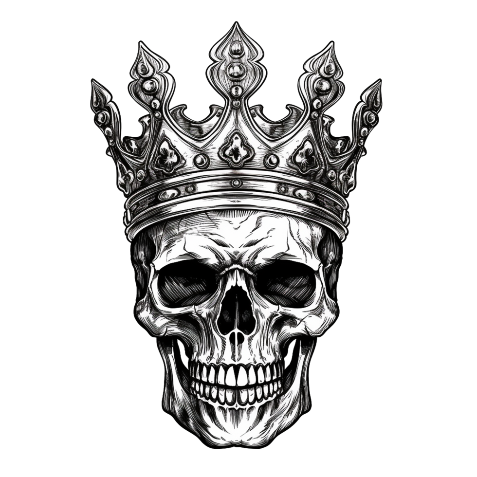 Skull wearing a king's crown monochrome art death royalty power png