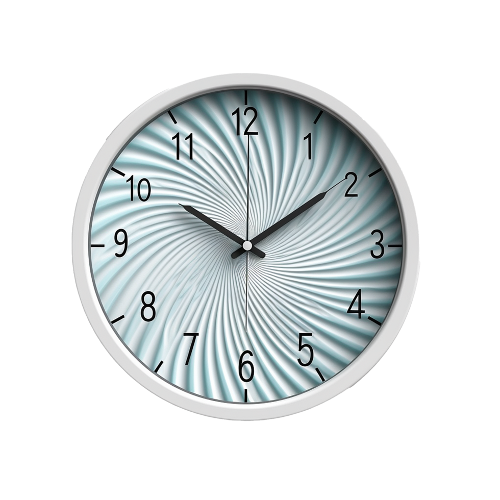 Modern wall clock with swirl design shows the time, png