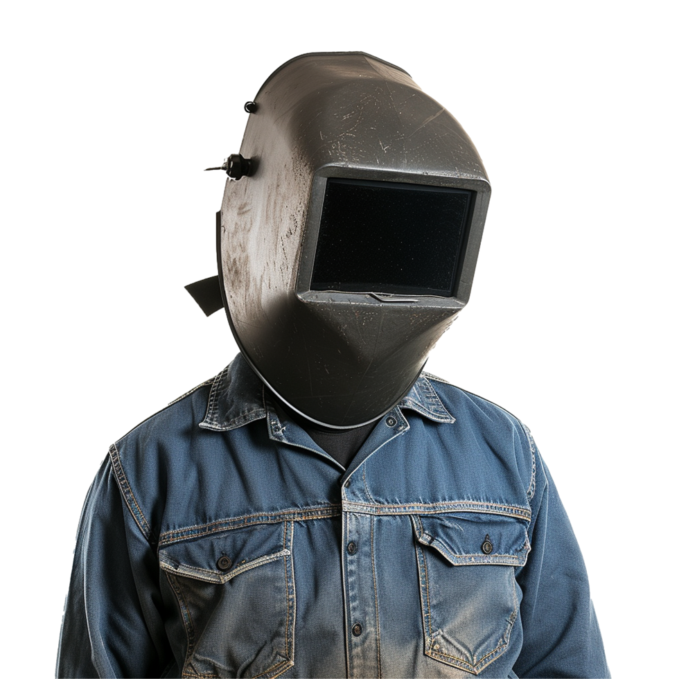 Welder in denim jacket wearing protective helmet png