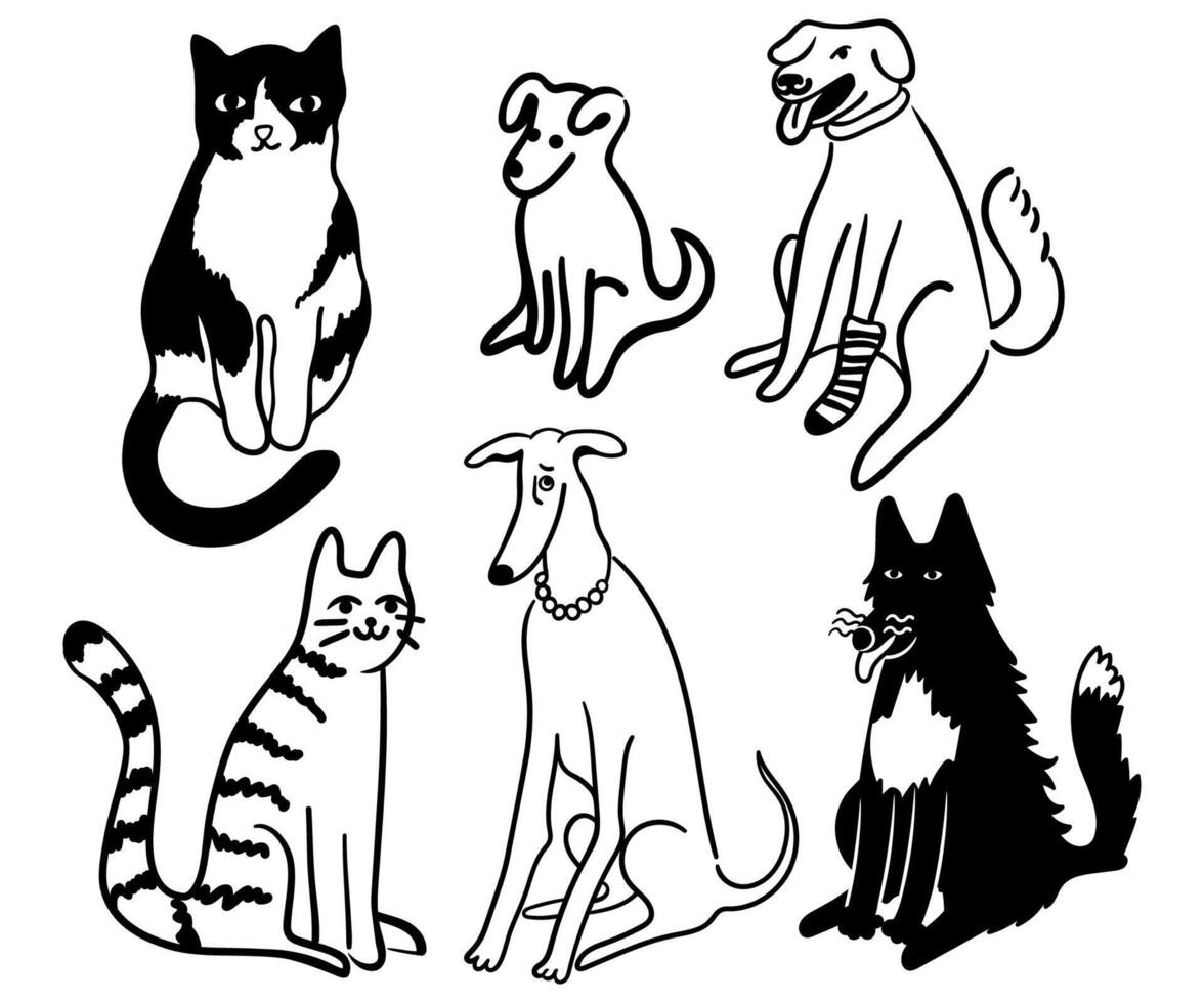 big set of cats and dogs in doodle style vector