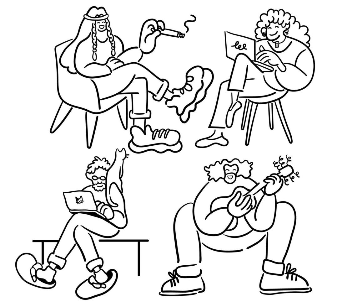 set of sitting people in doodle style vector