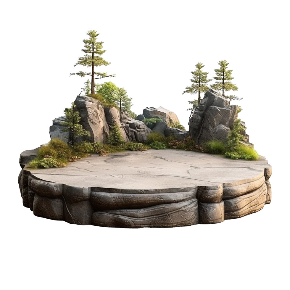 Mountaintop scenic platform with trees rocks and greenery, png