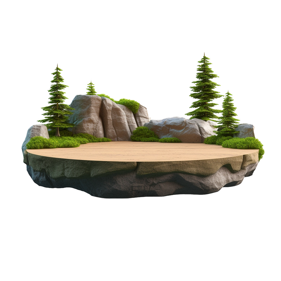 Floating Island Platform with Pine Trees and Rocks Nature Scene Minimalist Design png