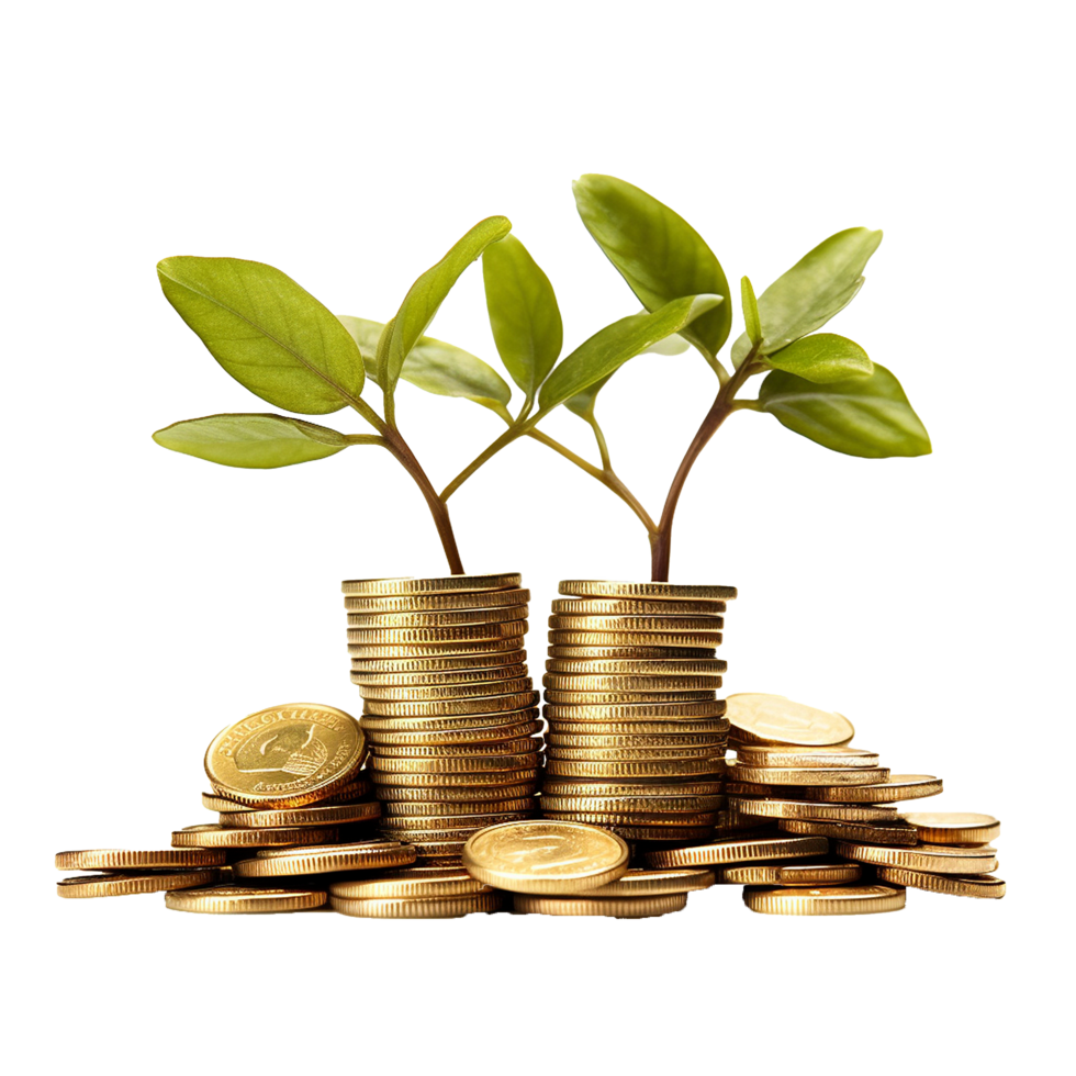 Growing money plants sprouting from gold coins financial growth investment success png