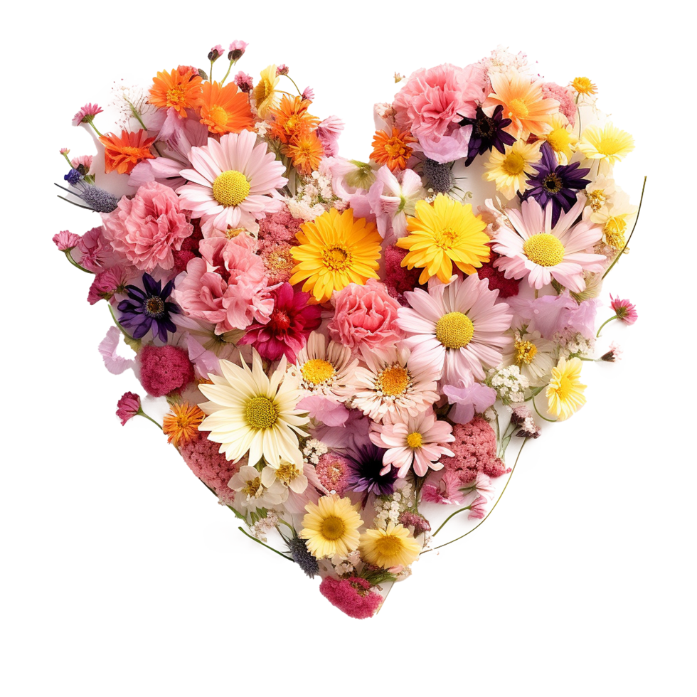 Colorful flowers arranged in a heart shape romantic floral art png