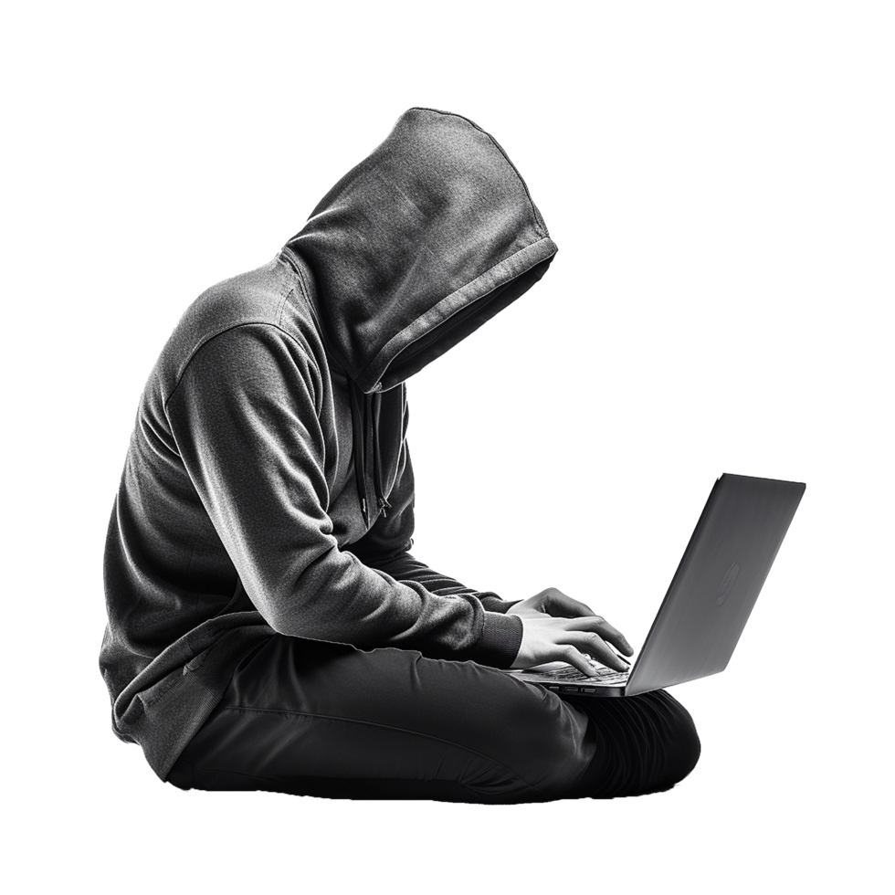 Hooded Figure Working on Laptop Cyber Security Hacker png