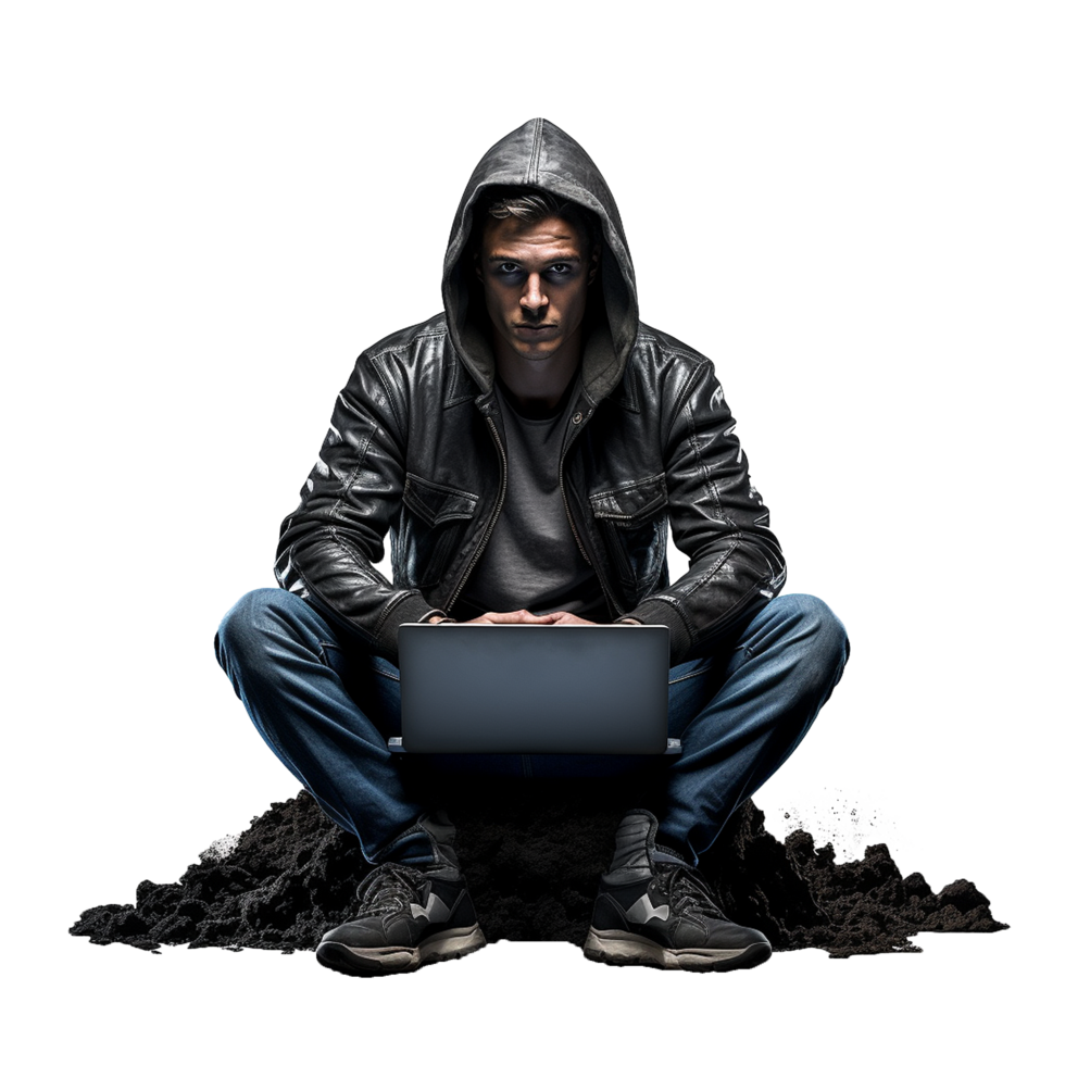 Mysterious Hacker Working on Laptop Dark Background png