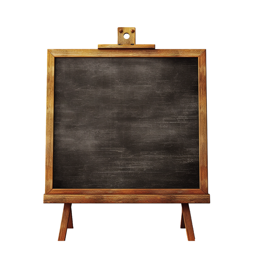 Blank chalkboard on wooden easel ready for message or drawing png