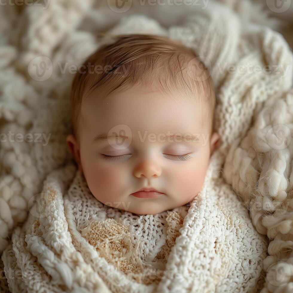 Sleeping Baby In Knitted Blanket photo
