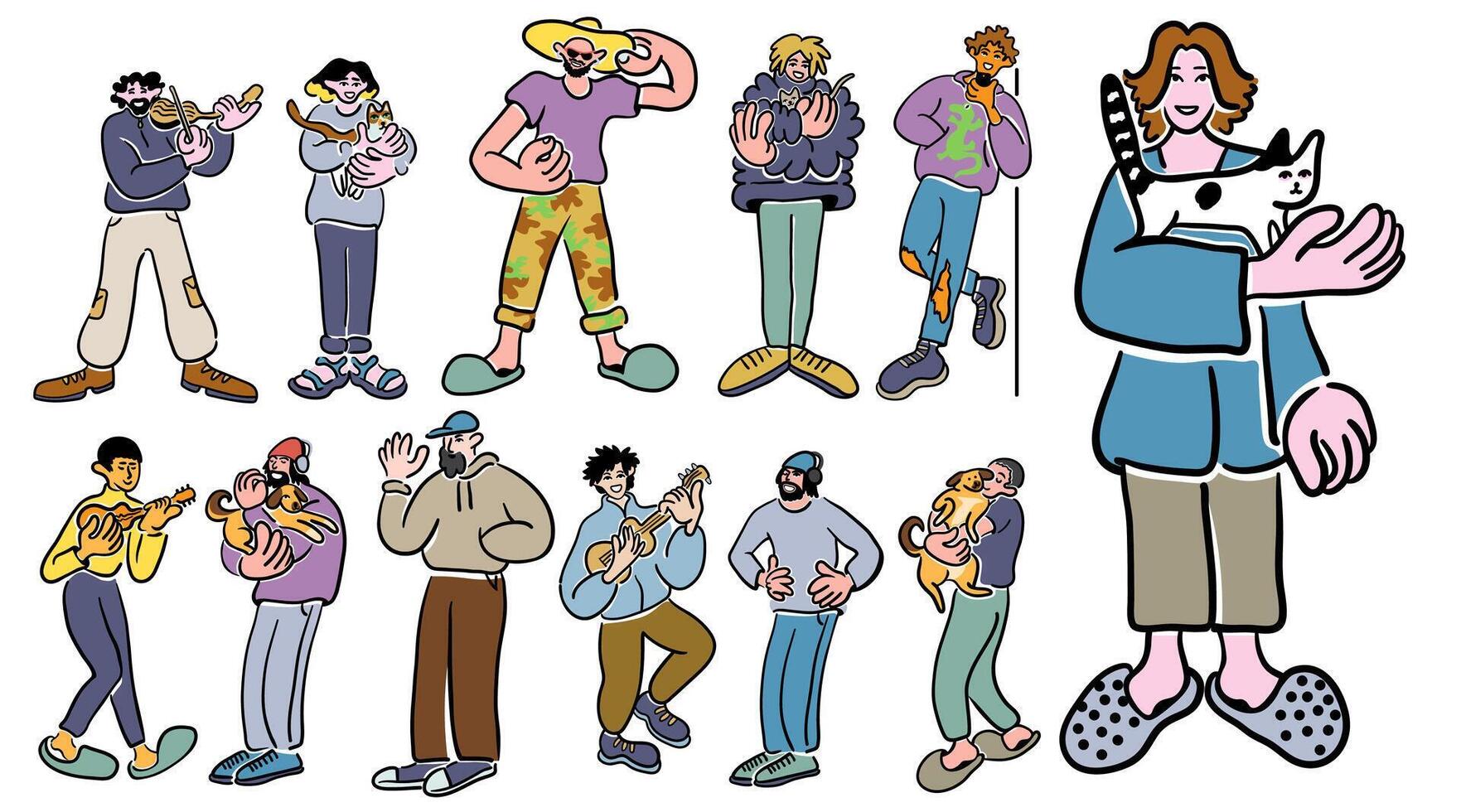 big set of standing people in doodle style in color vector