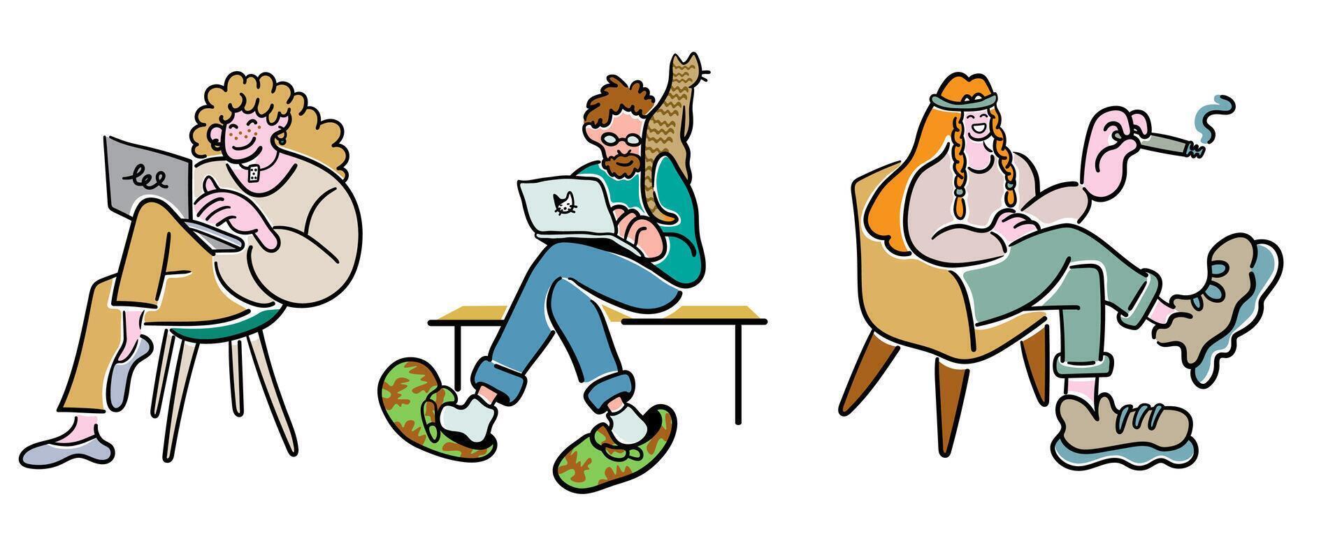 set of busy people in doodle style in color vector