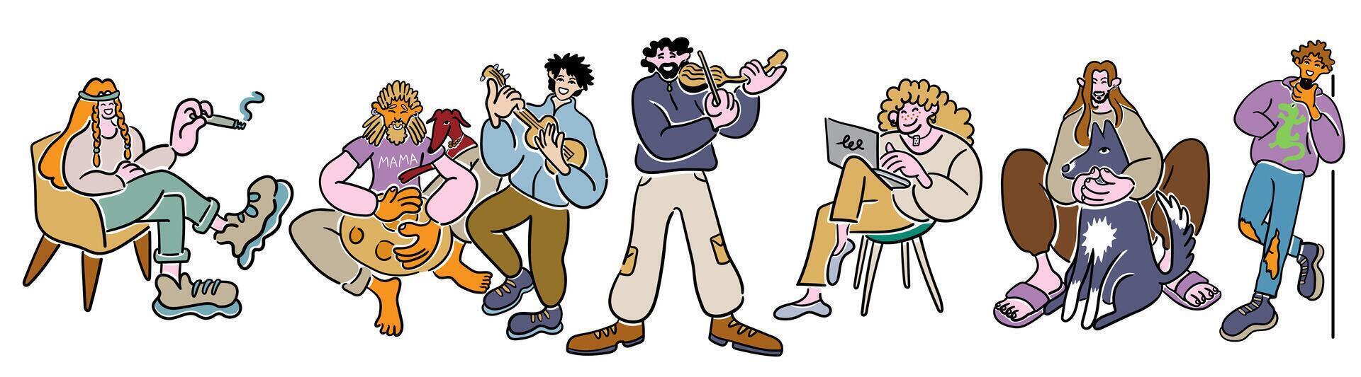 set of different characters in doodle style in color vector